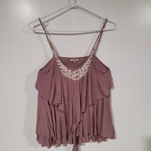 RW&CO. Y2K Mauve Ruffled Boho Layered Strappy Camisole with Beaded Neck Detail